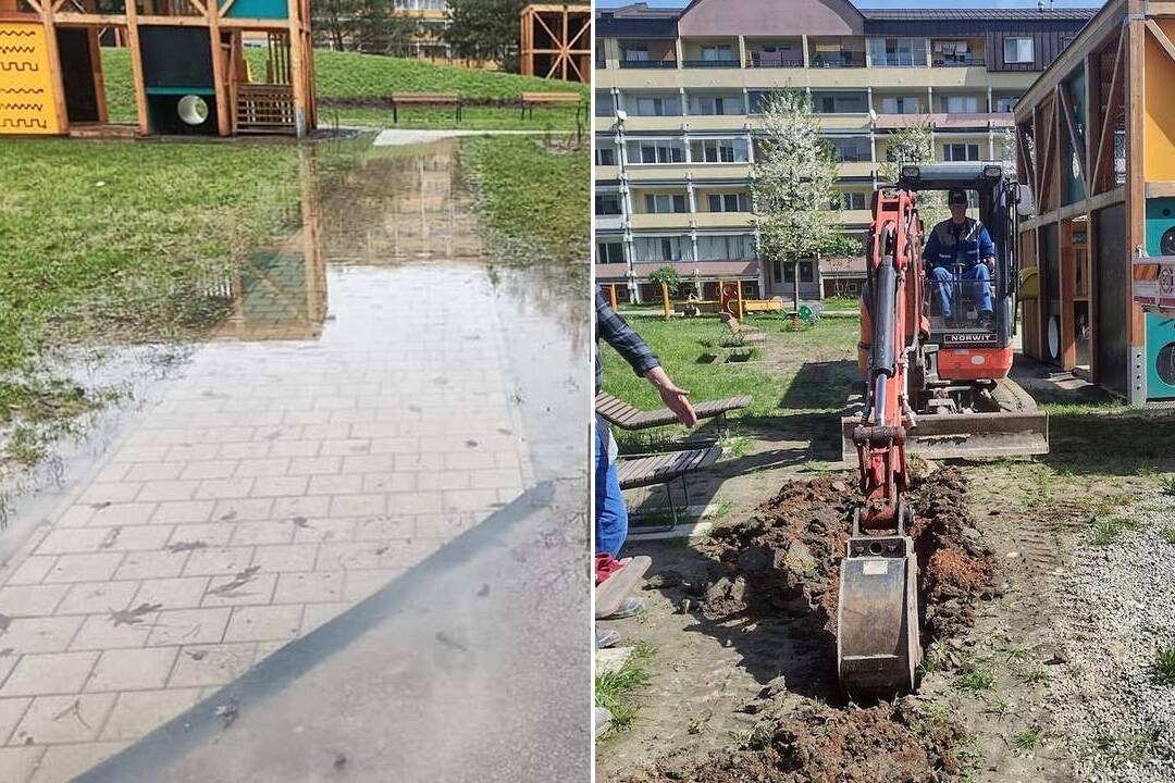 FOTO: Po revitalizácii vnútrobloku na Vlčincoch stála na trávniku voda, začali sa opravné práce