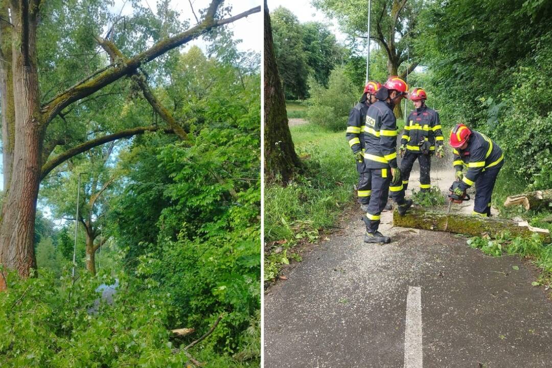 FOTO: Polámané stromy visiace nad chodníkom ohrozovali cyklistov. Situáciu zachránili dobrovoľní hasiči