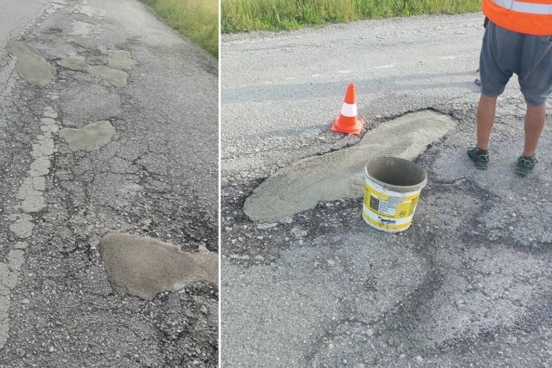 Foto: Cesta medzi Bytčicou a Rosinou nepozná svojho správcu. Občania zobrali opravu výtlkov do vlastných rúk