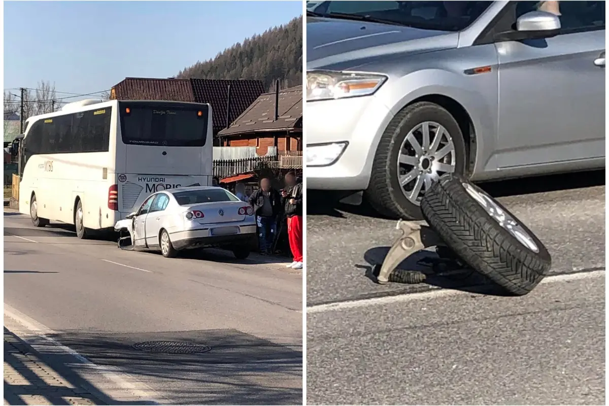 Foto: Na Kysuciach sa zrazil autobus s autom. Po zrážke mu utrhlo časť nápravy, zasahujú hasiči